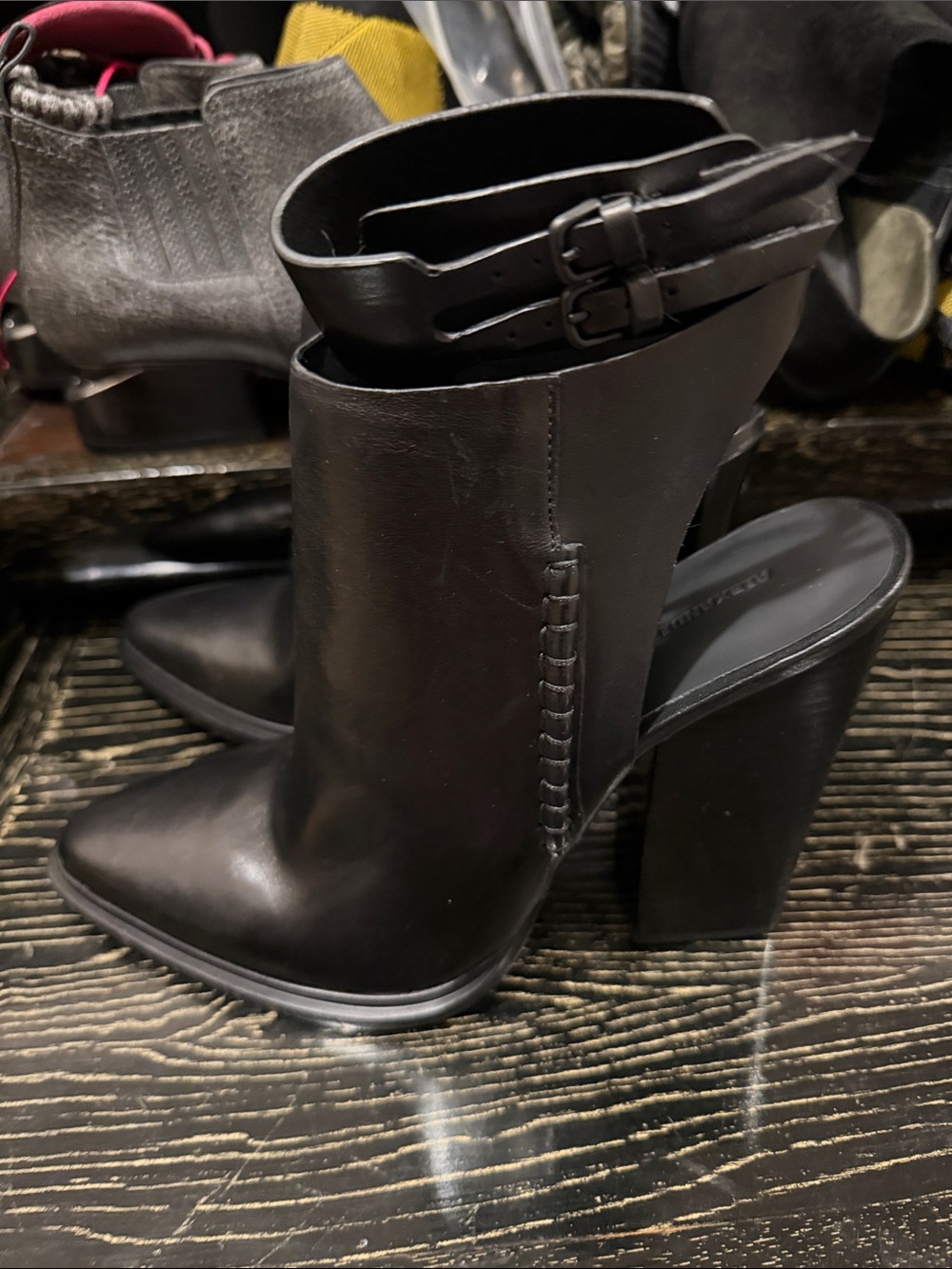 New Alexander Wang Black Leather Buckled Open-Back Block Heel Booties 37
